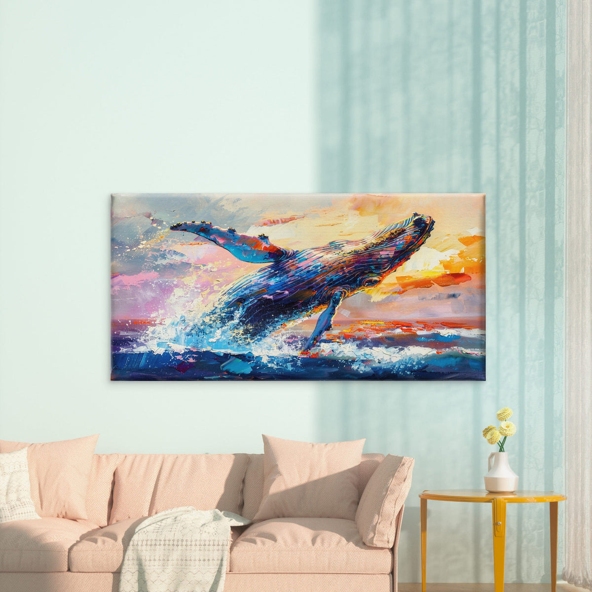 Whale Breaching At Sunset Wall Art Canvas Office Home Room Framed 120x60cm