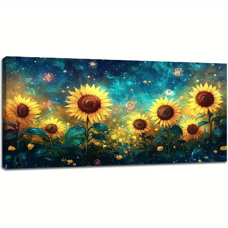 Sunflower Starry Sky Night Green Leaves Wall Art canvas office home room framed 120x60cm