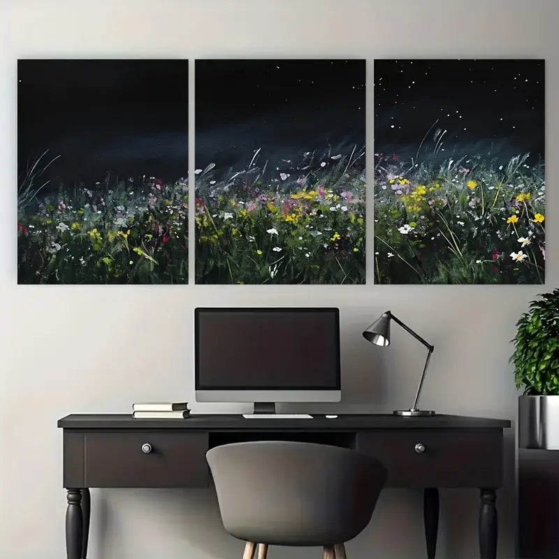 3pcs Sky Stars Meadow Flowers Boho Metal Print Ready to Hang Art