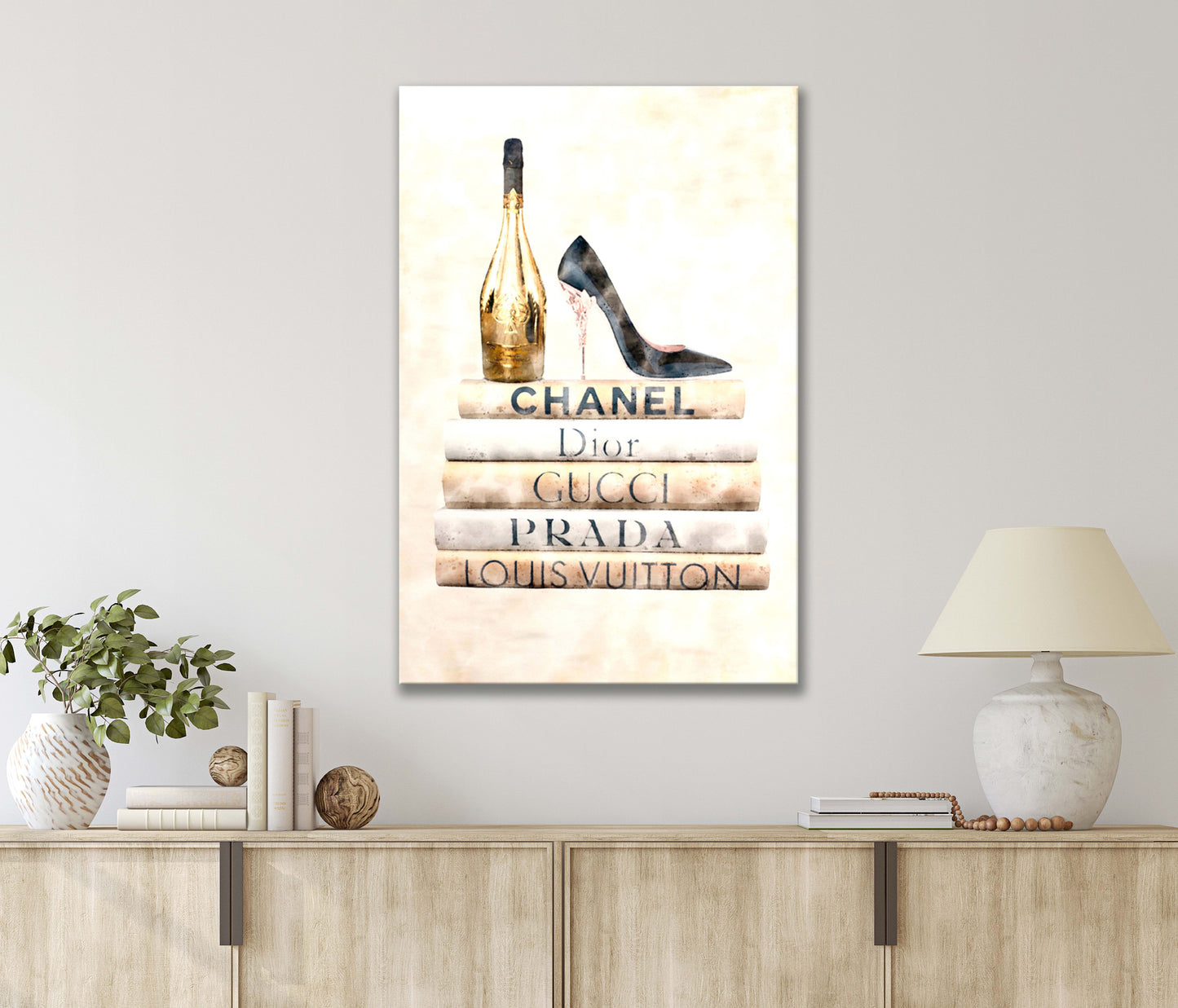 A Bottle of Champagne, High Heel Shoes on Book Stack, Fashion Print 100% Australian Made 40x60cm Stretched Canvas Ready to Hang