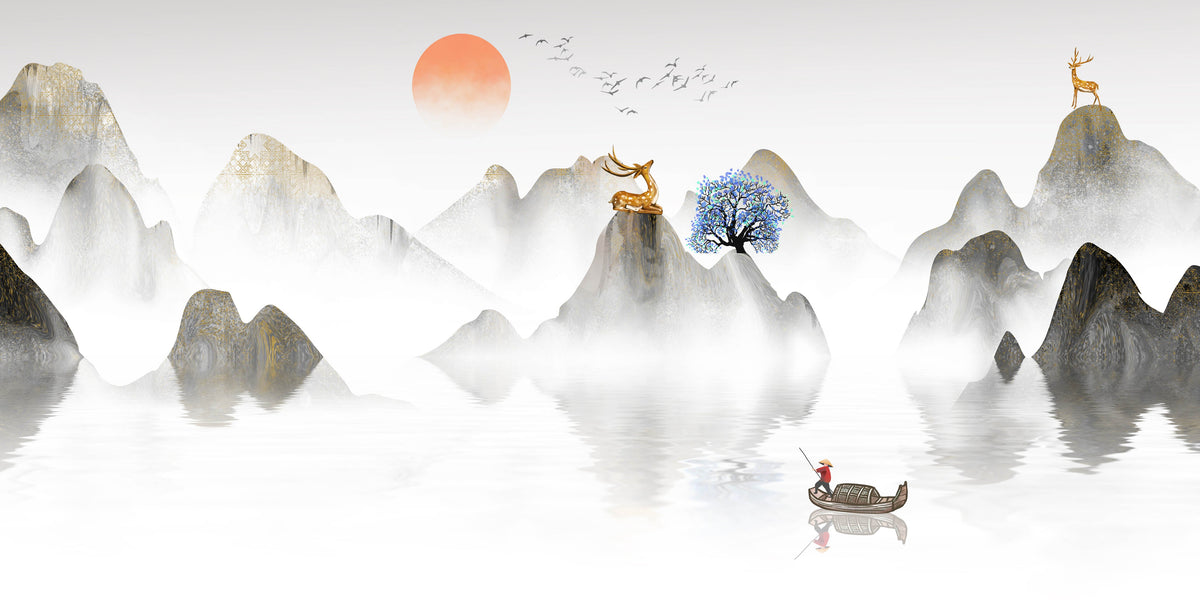 Chinese Ink Mountain Gold Deer Wall Art Canvas Office Home Room Framed 80x45cm