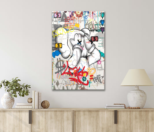 Painting Of a Teddy Bear with A Splash of Graffiti Vibes Print 100% Australian Made 40x60cm Stretched Canvas Ready to Hang