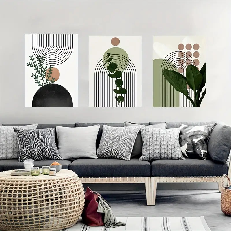 3pcs Green Plant Line Geometric Shapes Metal Print Ready to Hang Art