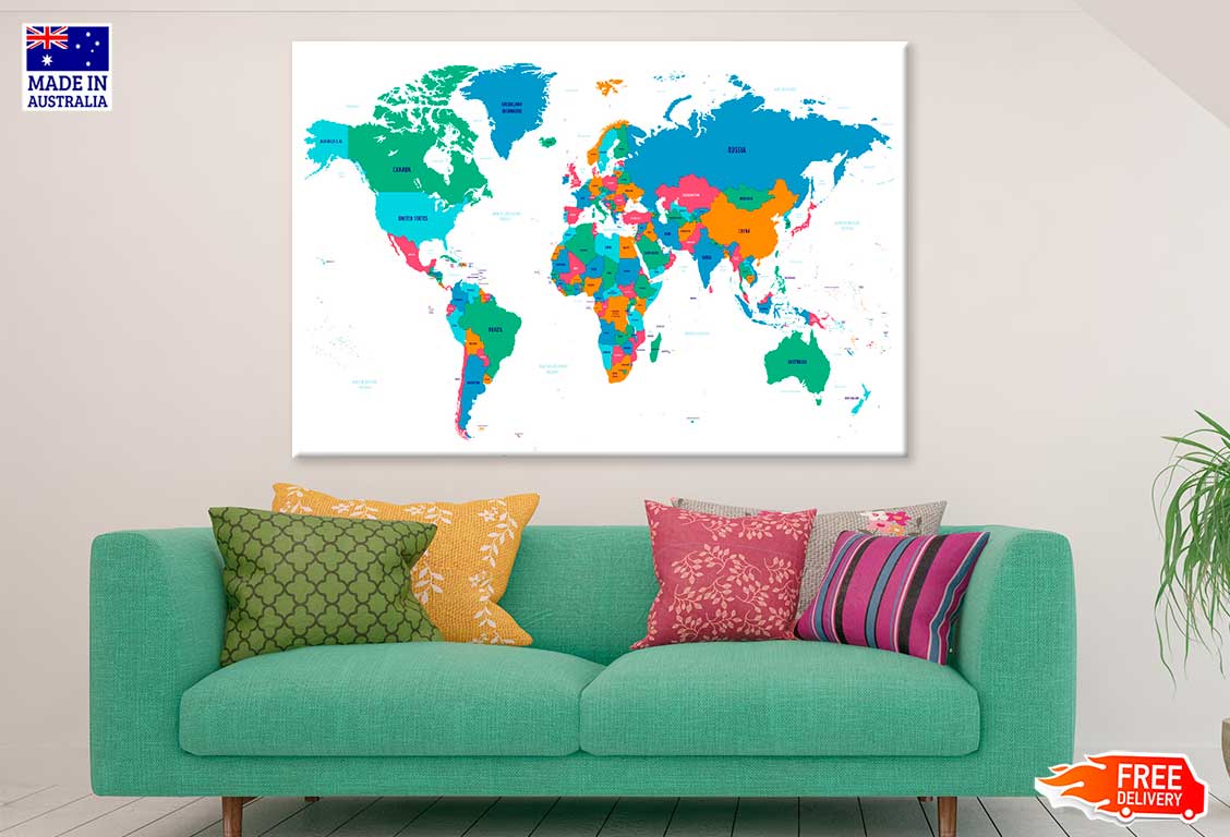 World Map Country Vector Print 100% Australian Made Stretched Canvas Ready to Hang - MP-108