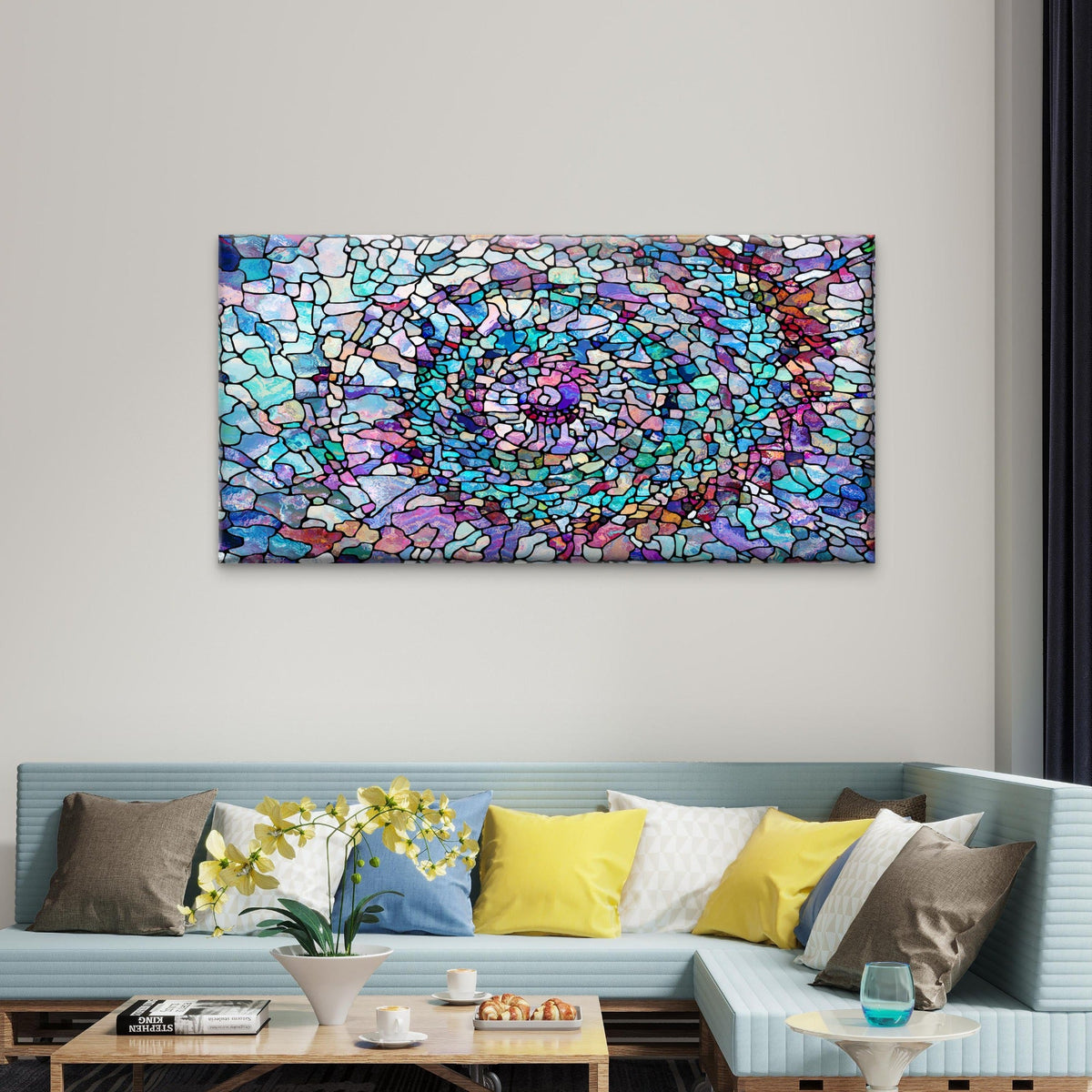 Blue Purple Mosaic Tile Style Wall Art Canvas Office Home Room Framed 80x45cm