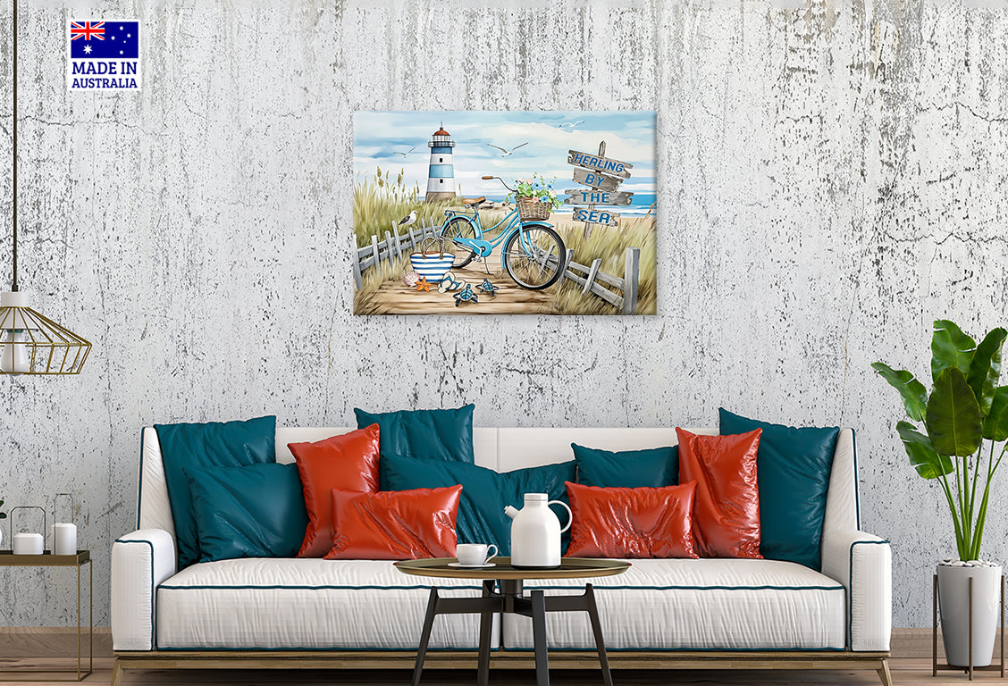 Bike & Blooms on Beach Path Light House Print 100% Australian Made 60x40cm Stretched Canvas Ready to Hang