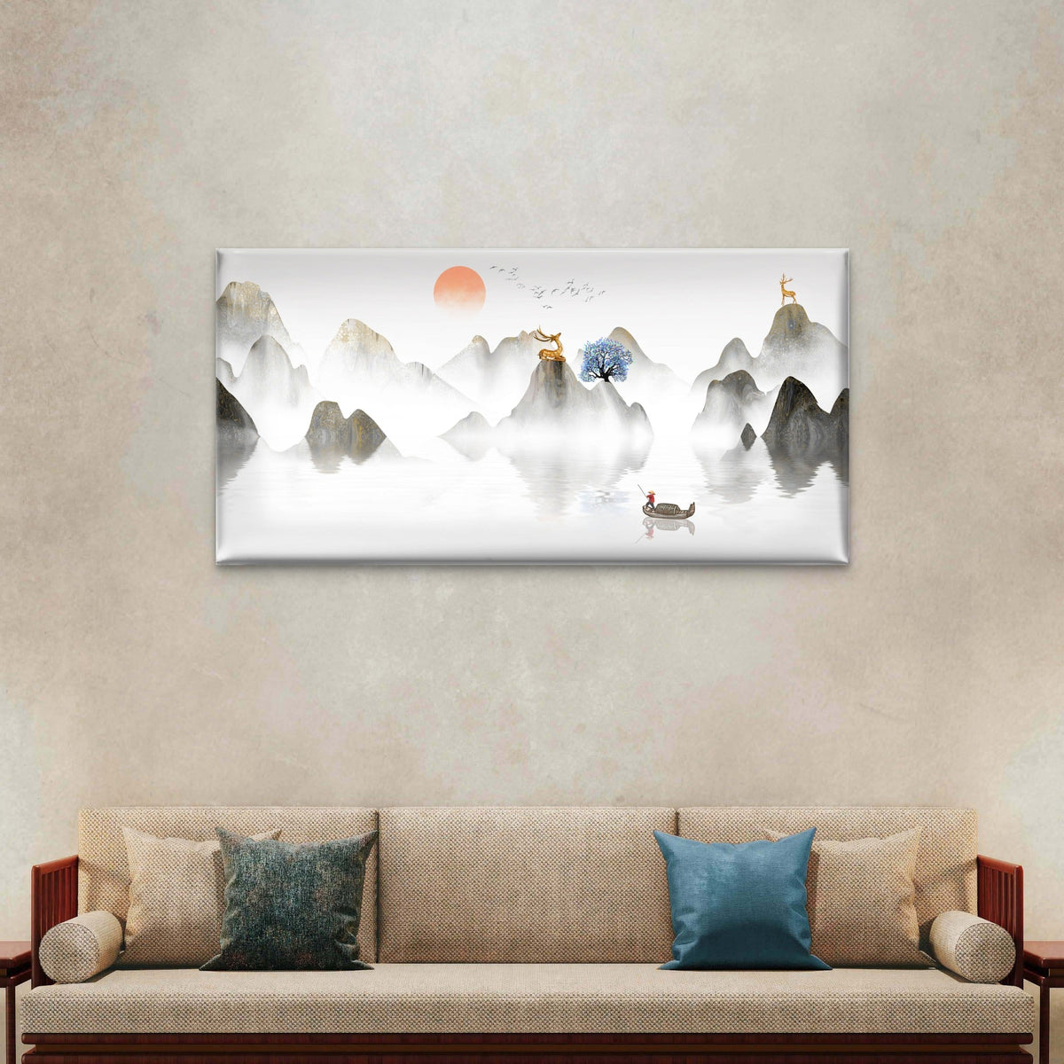 Chinese Ink Mountain Gold Deer Wall Art Canvas Office Home Room Framed 80x45cm