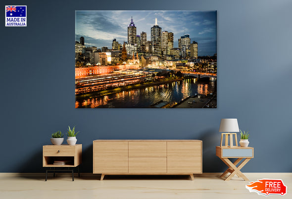 Melbourne City Evening View Print 100% Australian Made Stretched Canvas Ready to Hang - AU-108