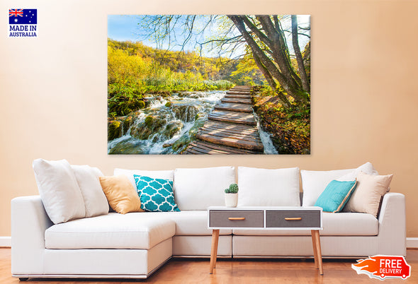 Wooden Pier & Waterfall in Forest Print 100% Australian Made Stretched Canvas Ready to Hang - NT-108