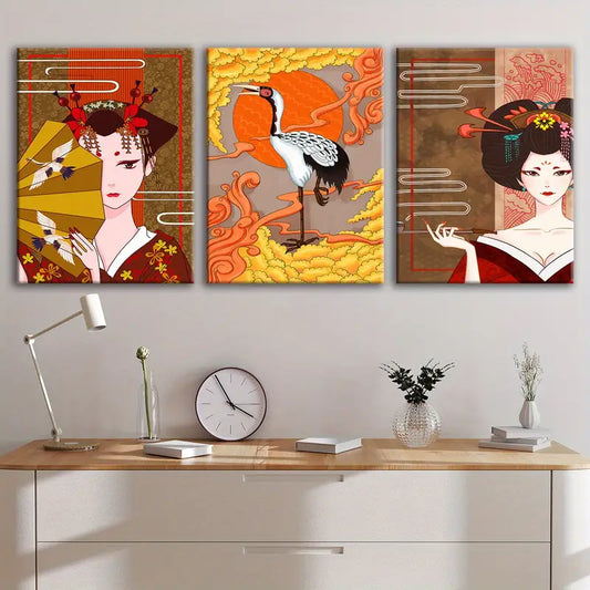 3pcs Japanese Pattern Ladies Fashion Design Metal Print Ready to Hang Art