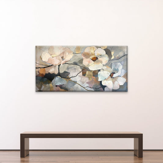 Gold White Floral Bloom Botanical Design Wall Art Canvas Office Home Framed 80x45cm