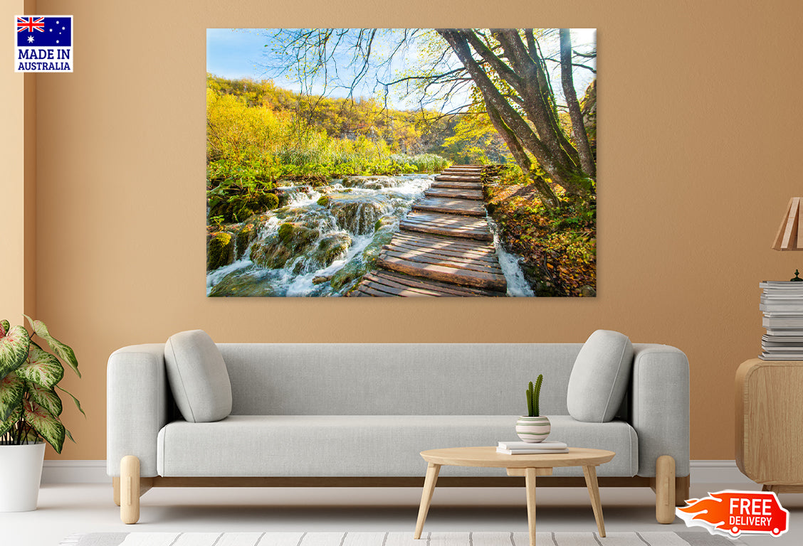 Wooden Pier & Waterfall in Forest Print 100% Australian Made Stretched Canvas Ready to Hang - NT-108