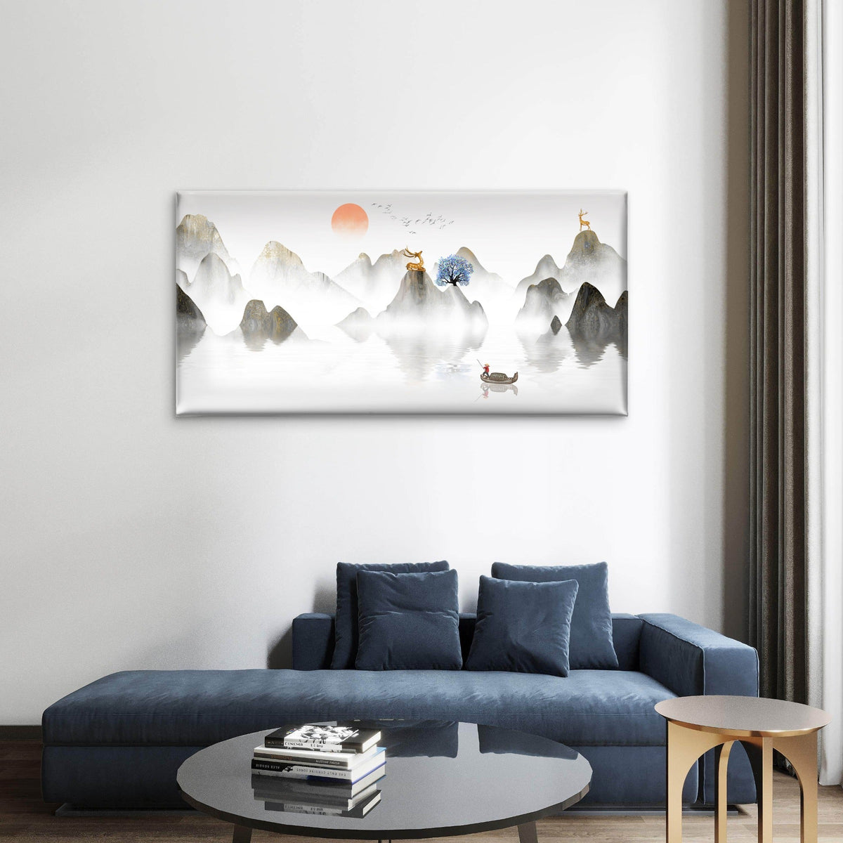 Chinese Ink Mountain Gold Deer Wall Art Canvas Office Home Room Framed 80x45cm
