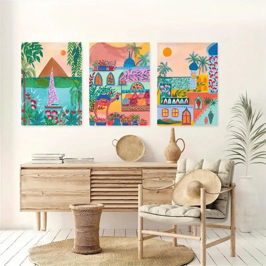 3pcs Morocco Creative house Painting Metal Print Ready to Hang Art