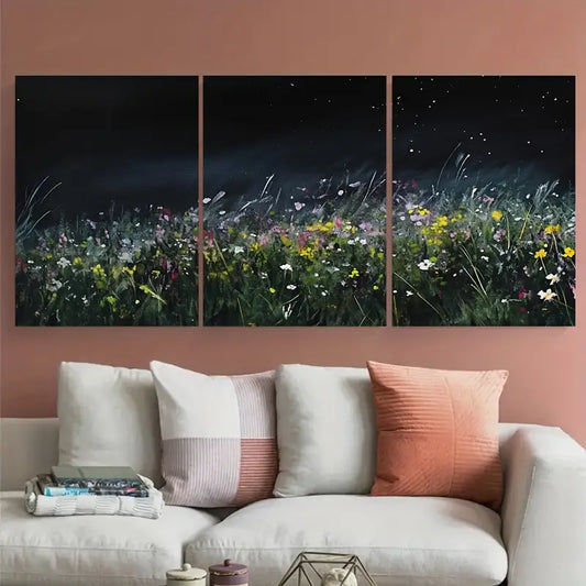 3pcs Sky Stars Meadow Flowers Boho Metal Print Ready to Hang Art