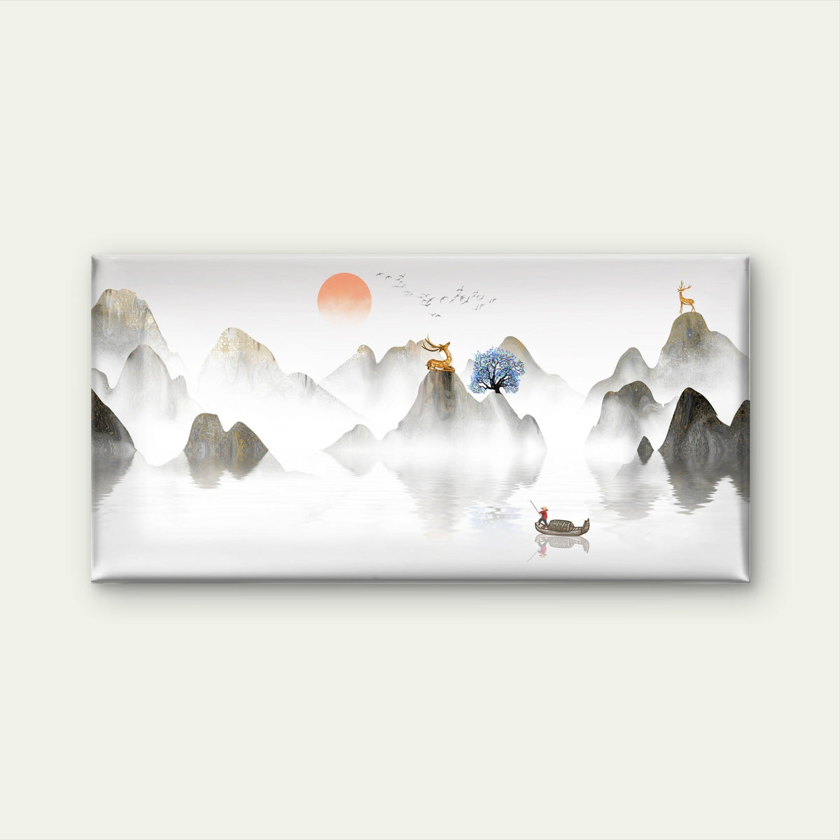 Chinese Ink Mountain Gold Deer Wall Art Canvas Office Home Room Framed 80x45cm