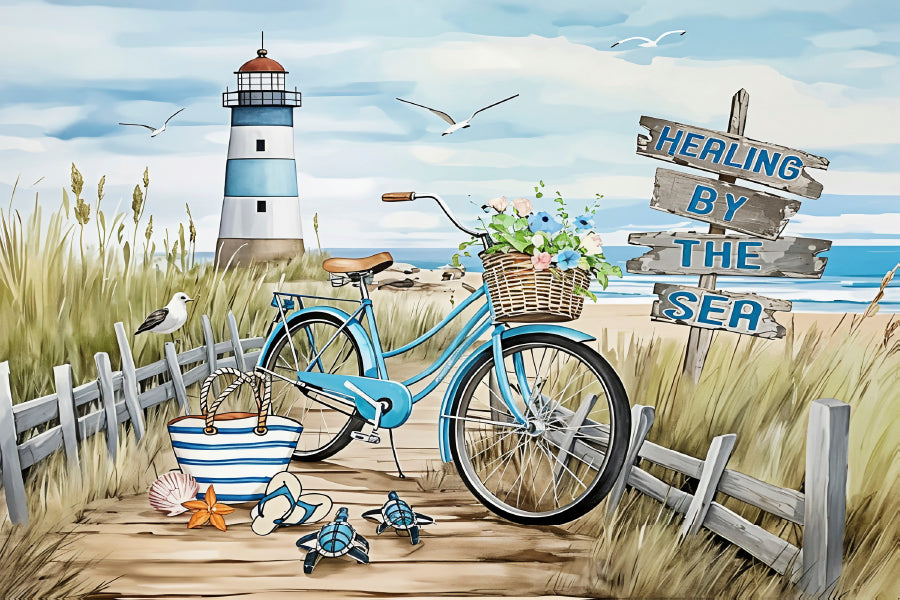 Bike & Blooms on Beach Path Light House Print 100% Australian Made 60x40cm Stretched Canvas Ready to Hang