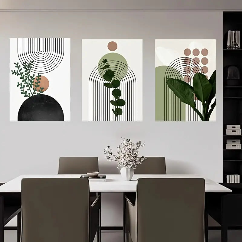 3pcs Green Plant Line Geometric Shapes Metal Print Ready to Hang Art