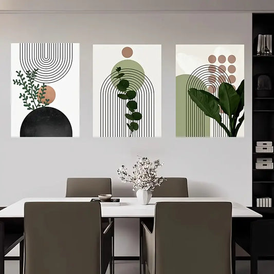 3pcs Green Plant Line Geometric Shapes Metal Print Ready to Hang Art