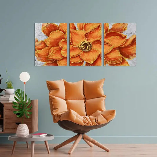3pcs Orange and Golden Floral Giclee Wall Art Set Canvas Framed 40x60cm - High Quality Print 100% Australian Made Wall Canvas Ready to Hang