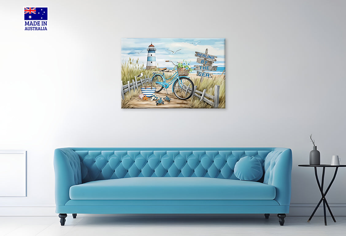 Bike & Blooms on Beach Path Light House Print 100% Australian Made 60x40cm Stretched Canvas Ready to Hang