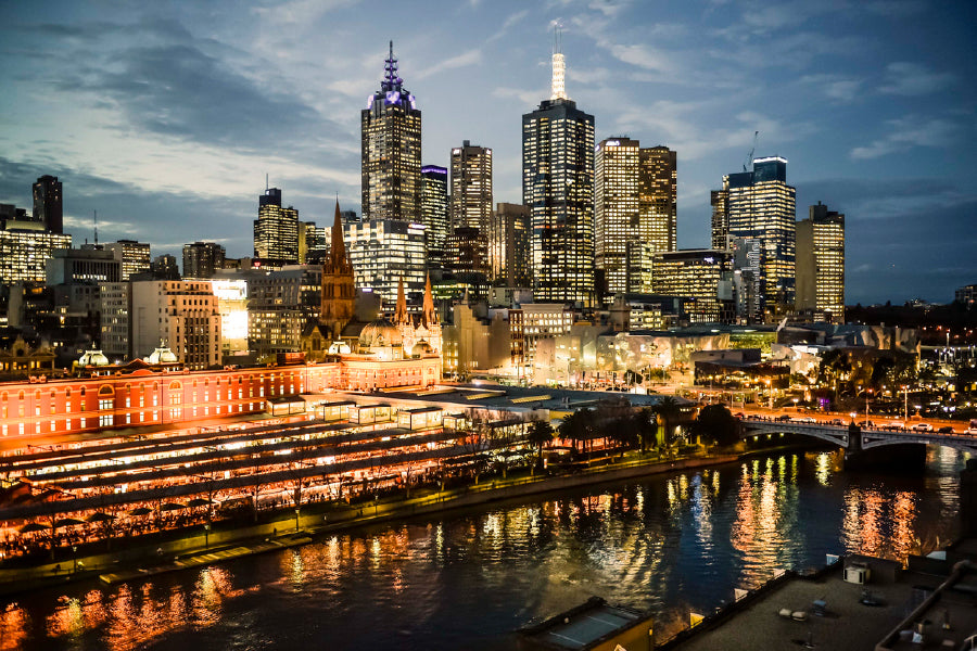 Melbourne City Evening View Print 100% Australian Made Stretched Canvas Ready to Hang - AU-108