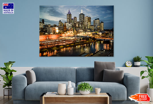 Melbourne City Evening View Print 100% Australian Made Stretched Canvas Ready to Hang - AU-108