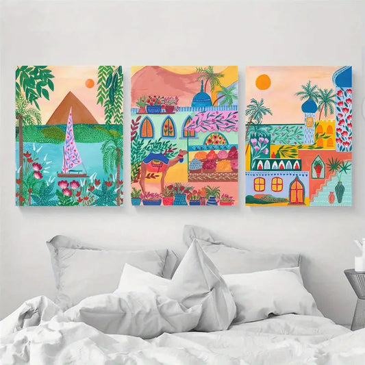 3pcs Morocco Creative house Painting Metal Print Ready to Hang Art