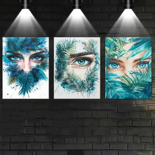 3pcs Vibrant Blue & Green Abstract Faces Metal Print Ready to Hang Art