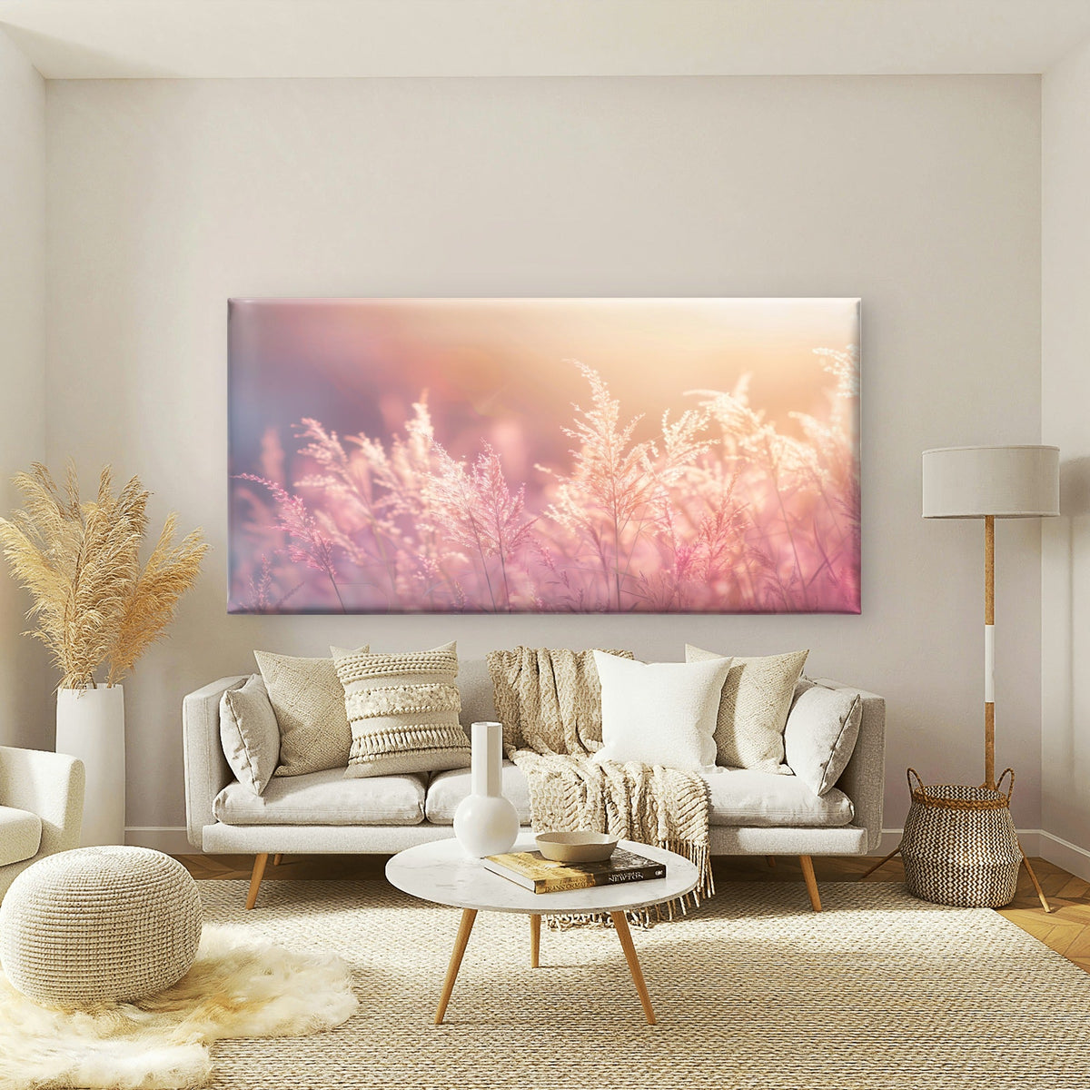 Pink Wild Grasses Field Wall Art Canvas Office Home Room Framed 80x45cm