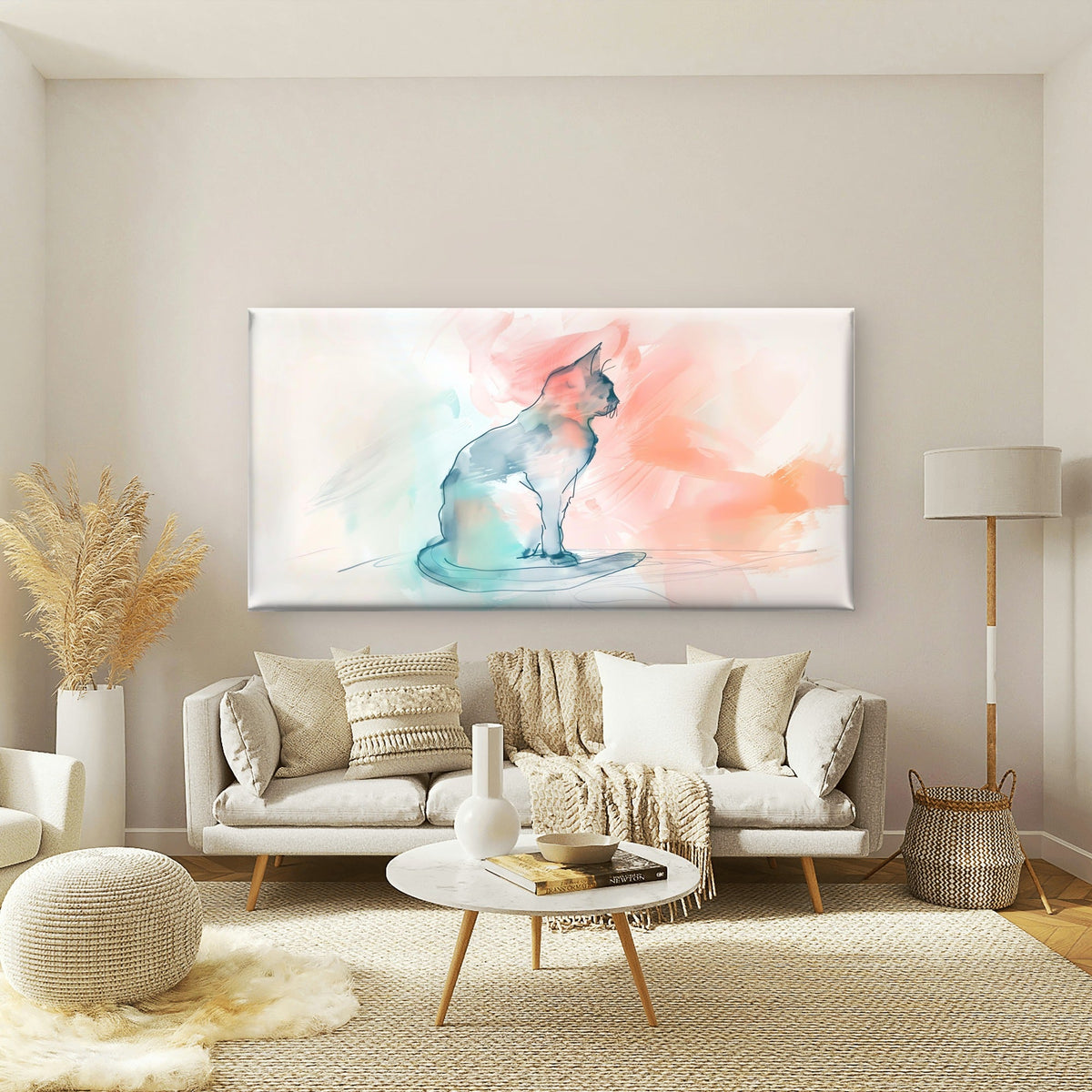 Watercolor Cat Abstract Wall Art Canvas Office Home Room Framed 120x60cm