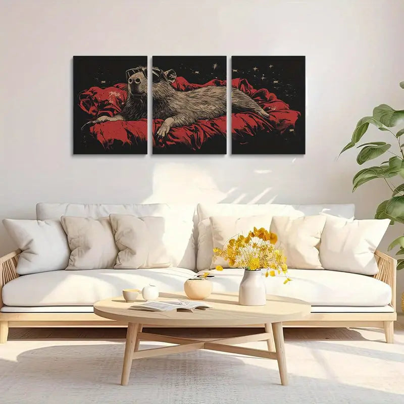 3pcs Capybara Fashionable Glasses, Red Blanket Design Metal Print Ready to Hang Art