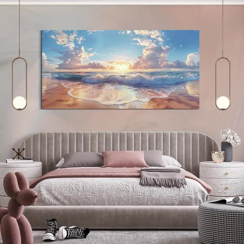 Beach Ocean Blue Waves Sunset Wall Art canvas office home room framed 120x60cm