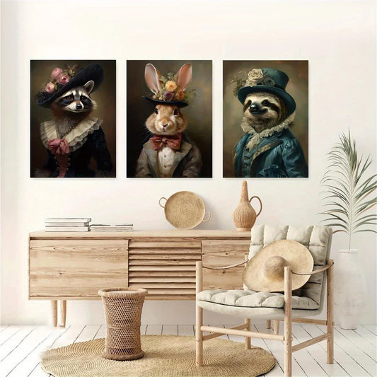 3pcs Royal Dressed Animal Vintage Classic Design Metal Print Ready to Hang Art
