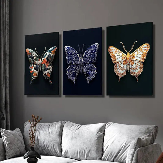 3pcs Japanese Butterfly on Black Background Wall Art Set Canvas Framed 40x60cm - High Quality Print 100% Australian Made Wall Canvas Ready to Hang