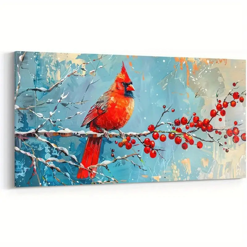 Winter Cardinal & Plum Blossom Rustic Farmhouse Wall Art canvas office home room framed 120x60cm