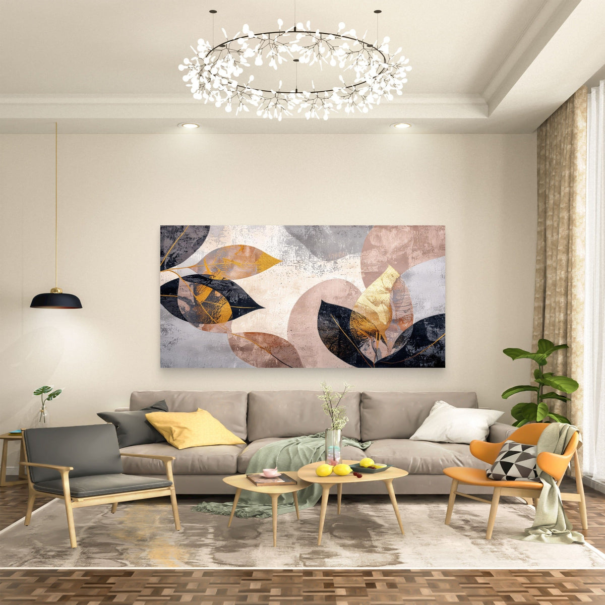 Abstract Gilded Autumn Leaves Wall Art Canvas Office Home Room Framed 120x60cm