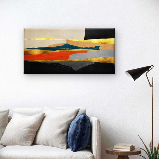 Abstract Gold Foil Navy Orange Wall Art Canvas Office Home Room Framed 80x45cm