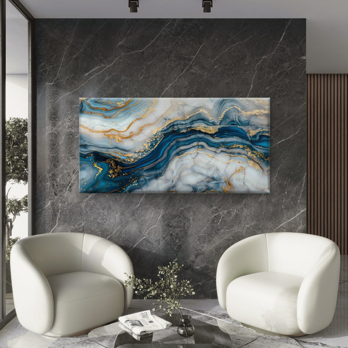 Blue And White Marble With Gold Wall Art Canvas Office Home Room Framed 120x60cm