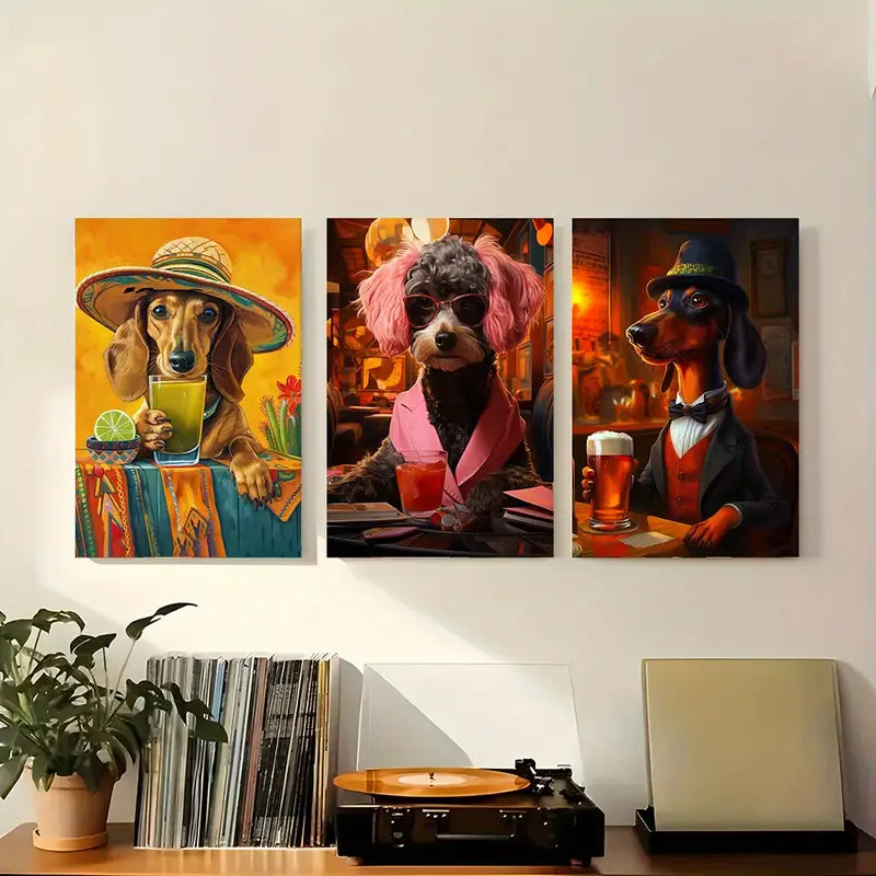 3pcs Stylish Dogs with Drinks Fun Outfits with Roostertails Metal Print Ready to Hang Art