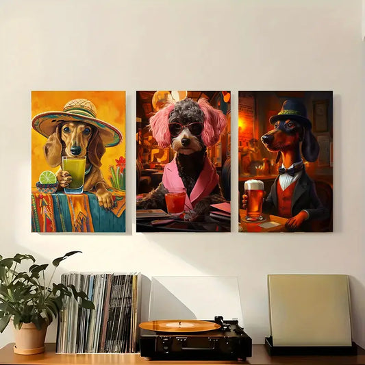 3pcs Stylish Dogs with Drinks Fun Outfits with Roostertails Metal Print Ready to Hang Art