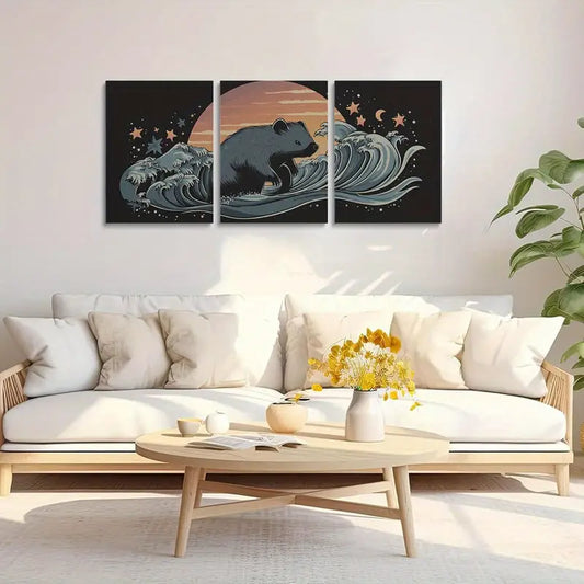3pcs Wombat & Ocean Black Abstract Classic Design Metal Print Ready to Hang Art