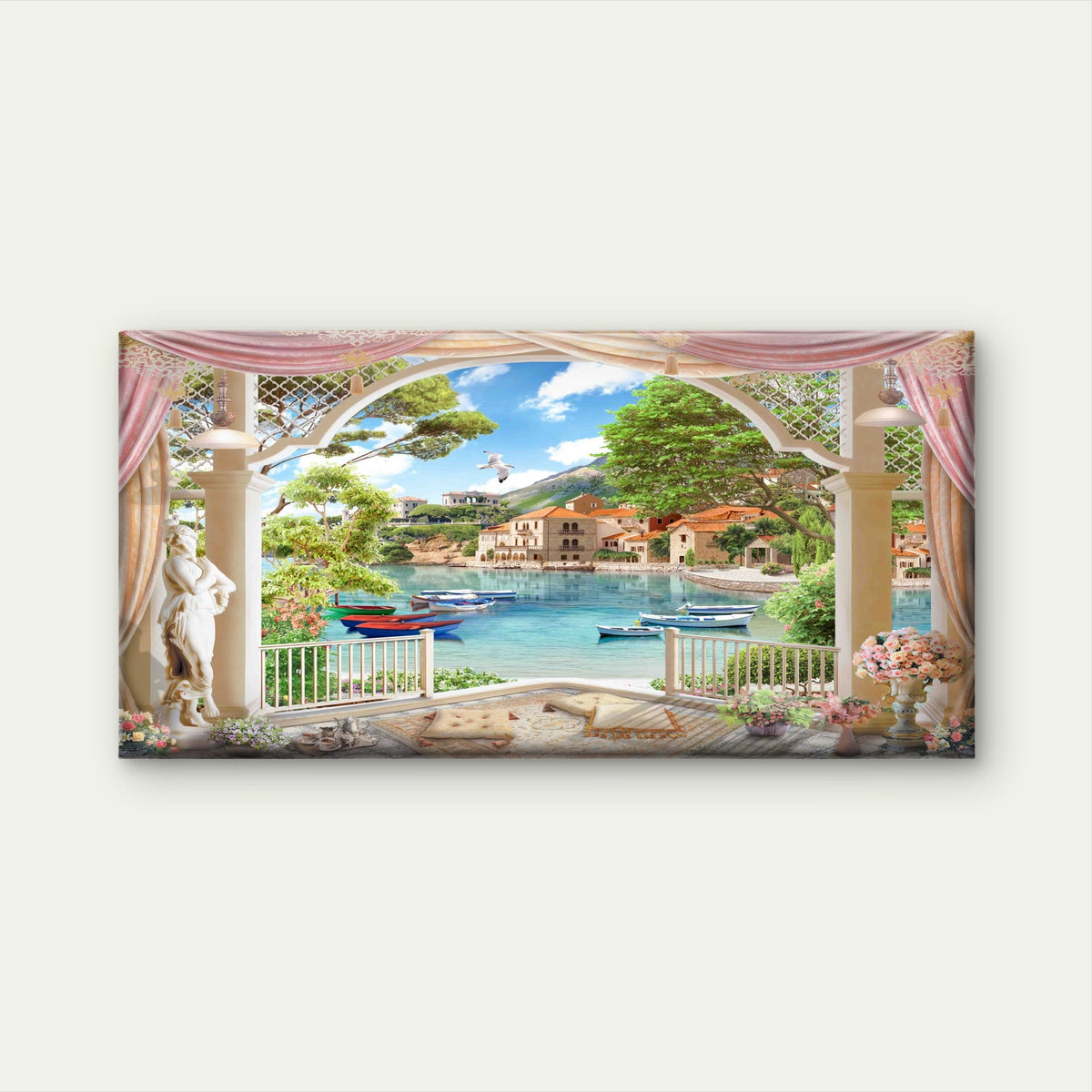 Mediterranean Sea View Wall Art Canvas Office Home Room Framed 80x45cm