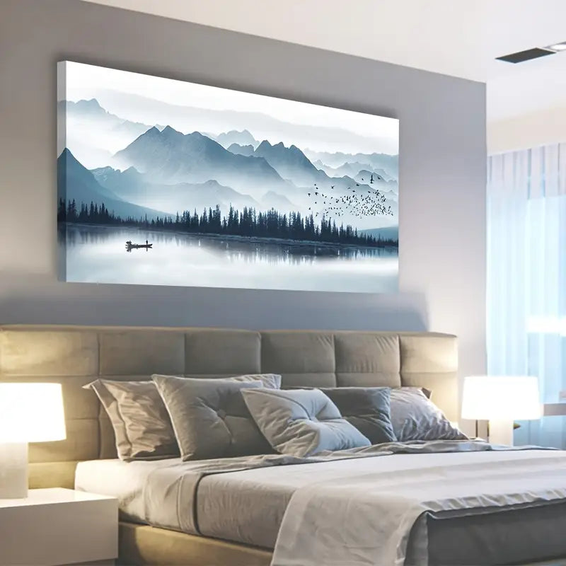Misty Mountain Foggy Lake Forest Birds Wall Art canvas office home room framed 80x45cm