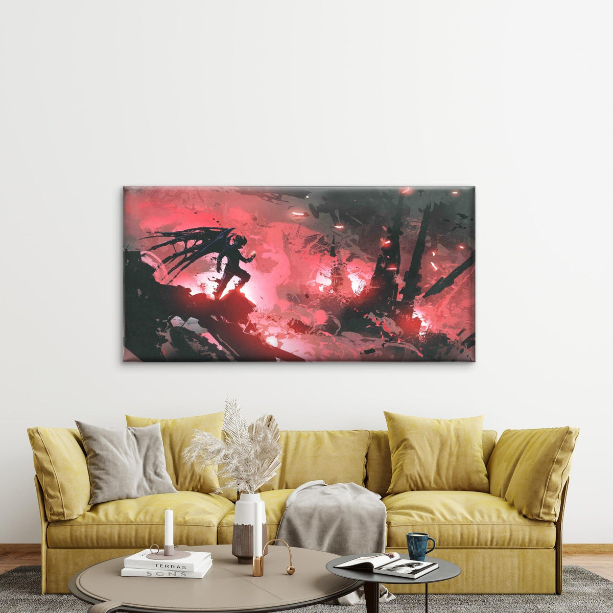 Devil Standing on Ruin Wall Art Canvas Office Home Room Framed 80x45cm