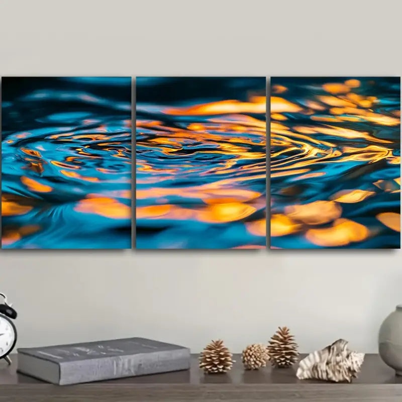 3pcs Raindrops on Water Design, Luxurious Blue & Orange Abstract Metal Print Ready to Hang Art