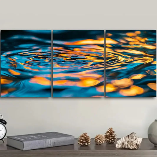 3pcs Raindrops on Water Design, Luxurious Blue & Orange Abstract Metal Print Ready to Hang Art