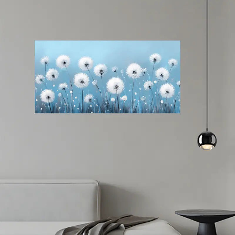 Contemporary Blue & White Botanical Dandelion Wall Art wall canvas office home room framed 120x60cm
