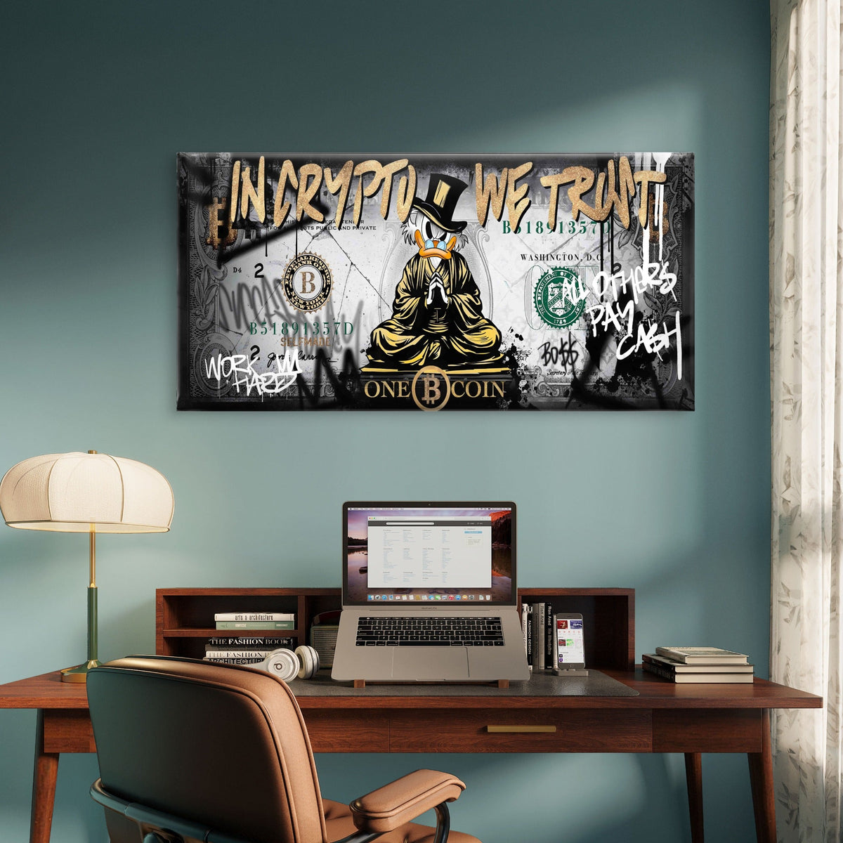 Mascot Wealth Currency Money Print Wall Art Canvas Office Home Framed 80x45cm