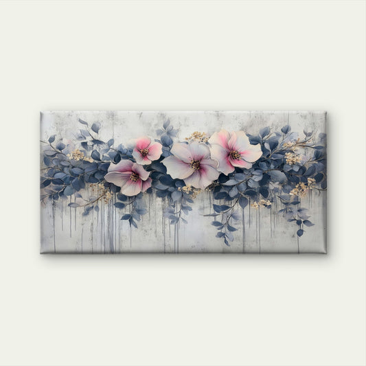Abstract Pink Flower Blue Foliage Wall Art Canvas Office Home Framed 80x45cm